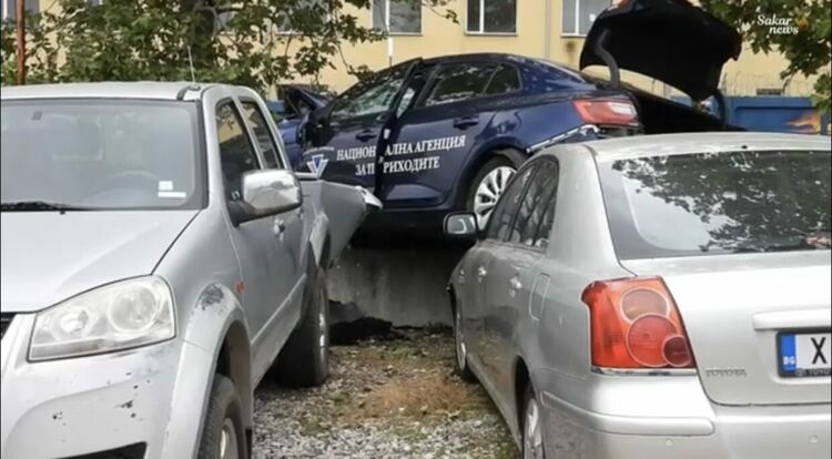 Кола на НАП събори дърво и връхлетя коли в автокъща