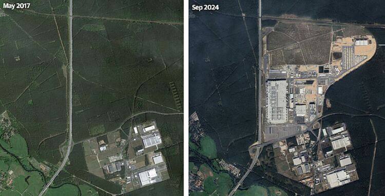 Сателитни изображения показват гората, изсечена за изграждането на завода на Tesla в Германия