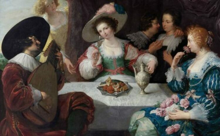 Алегория на петте сетива: Елегантна компания, седнала на маса, около 1640 г. Намира се в частна колекция. Художник: Ян Косие.