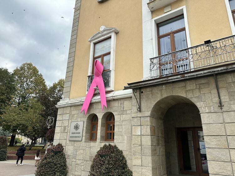 Розова панделка на фасадата на Община Хасково по повод месеца за борба с рака на гърдата