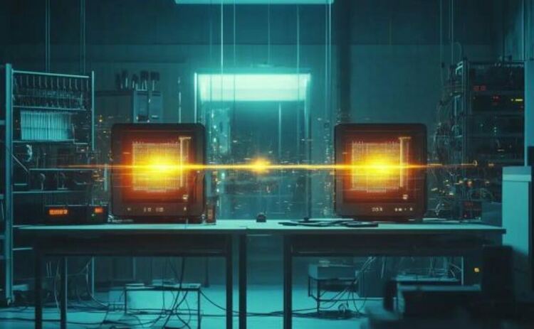 Концептуално изображение на лабораторна експериментална установка за квантова телепортация, включваща двойка светещи квантови възли, свързани с трептящ енергиен лъч.