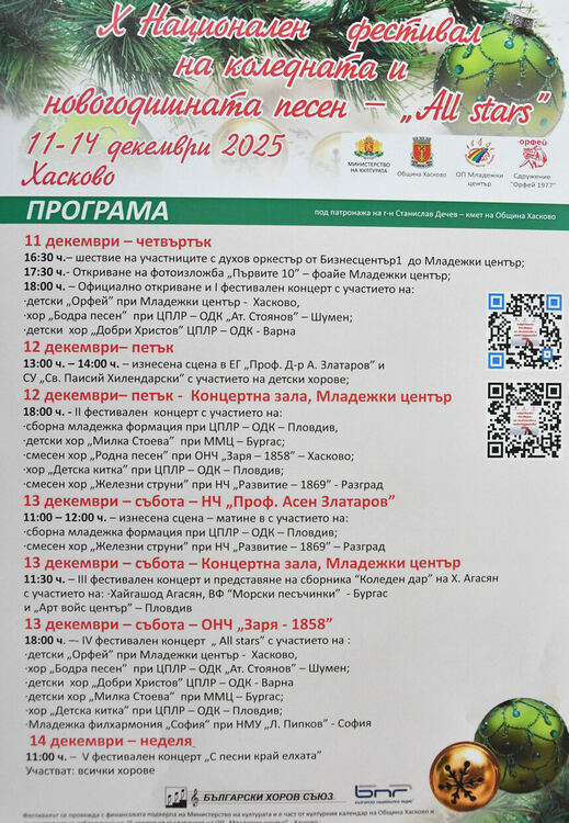 10-ият Национален фестивал на коледната и новогодишната песен – „All stars“ ще е от 11 до 14 декември в Хасково