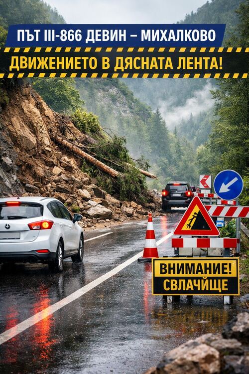 Временно ограничено движението по пътя Девин &ndash; Михалково заради свлачище