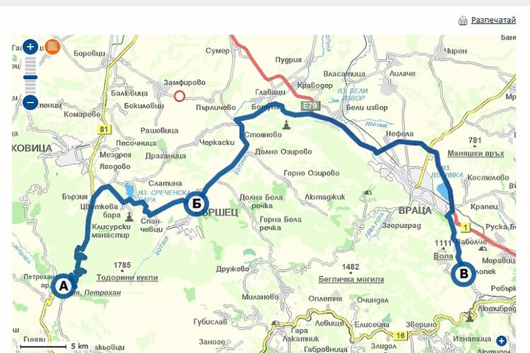 Курсът на кемпера - от Петрохан, през Бързия и Вършец и влизане във Враца - откъм &bdquo;север&ldquo;. След Враца - към Околчица по &bdquo;царския път&ldquo;. Илюстрация BG Maps