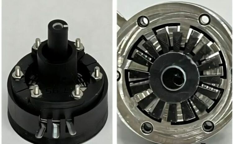 Прототип на пластмасов фероелектричен двигател (ляво: изглед под ъгъл; дясно: изглед отдолу с отстранен долен електрод, за да се разкрие смолистият ротор)