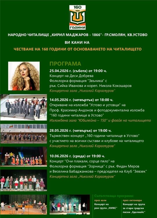 Народно читалище &bdquo;Кирил Маджаров &ndash; 1866&ldquo; в Устово празнува с множество събития 160 години от основаването си