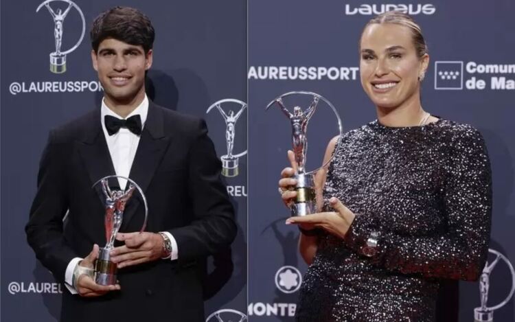 Лауреатите Карлос Алкарас и Арина Сабаленка със статуетките си.