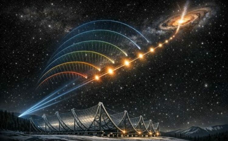 CHIME проследява хиперактивен, повтарящ се източник на бързи радиоимпулси. Изображение, генерирано от редакционния екип на Phys.org с помощта на изкуствен интелект за илюстративни цели