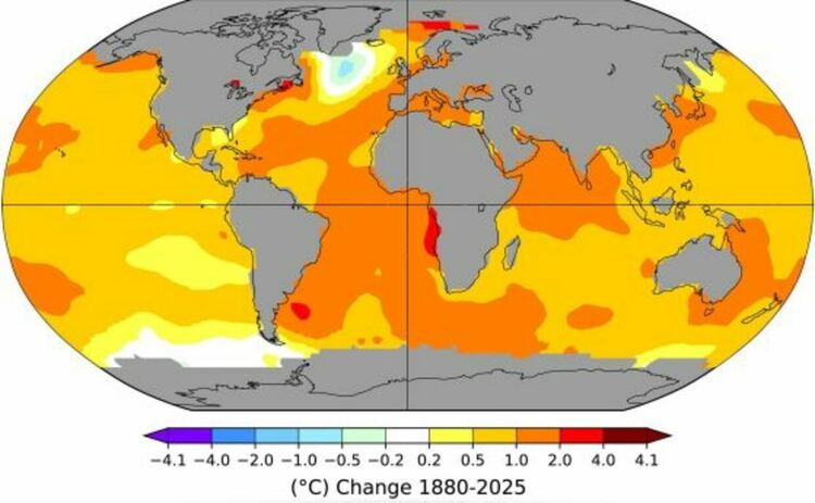 Линейна тенденция на температурата на морската повърхност (&deg;C) от 1880 до 2025 г., данни от NASA GISTEMP (Lenssen et al., 2024). Сивите зони показват липсващи данни. Интерактивна карта, генерирана на https://data.giss.nasa.gov/gistemp/maps/ на 14.1.2026 г. 