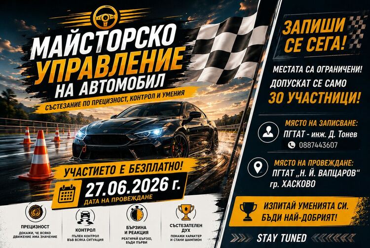 Адреналин, прецизност и контрол - ПГТАТ &bdquo;Н. Й. Вапцаров&ldquo; организира състезание за майсторско управление на автомобил